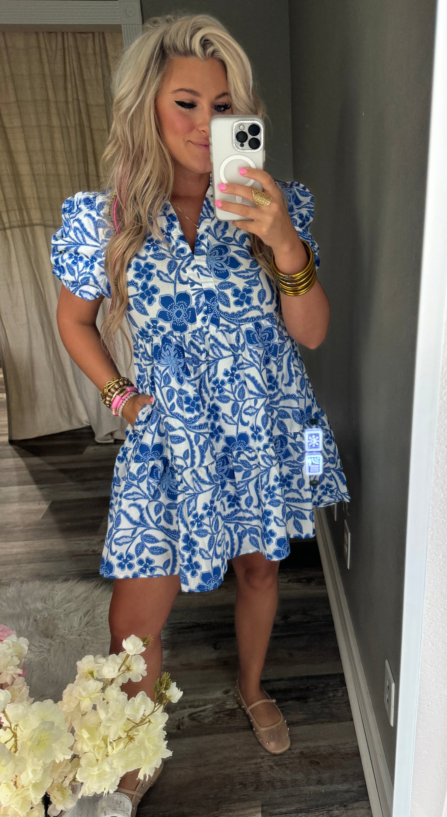 Flower Print Dress [Blue & White]