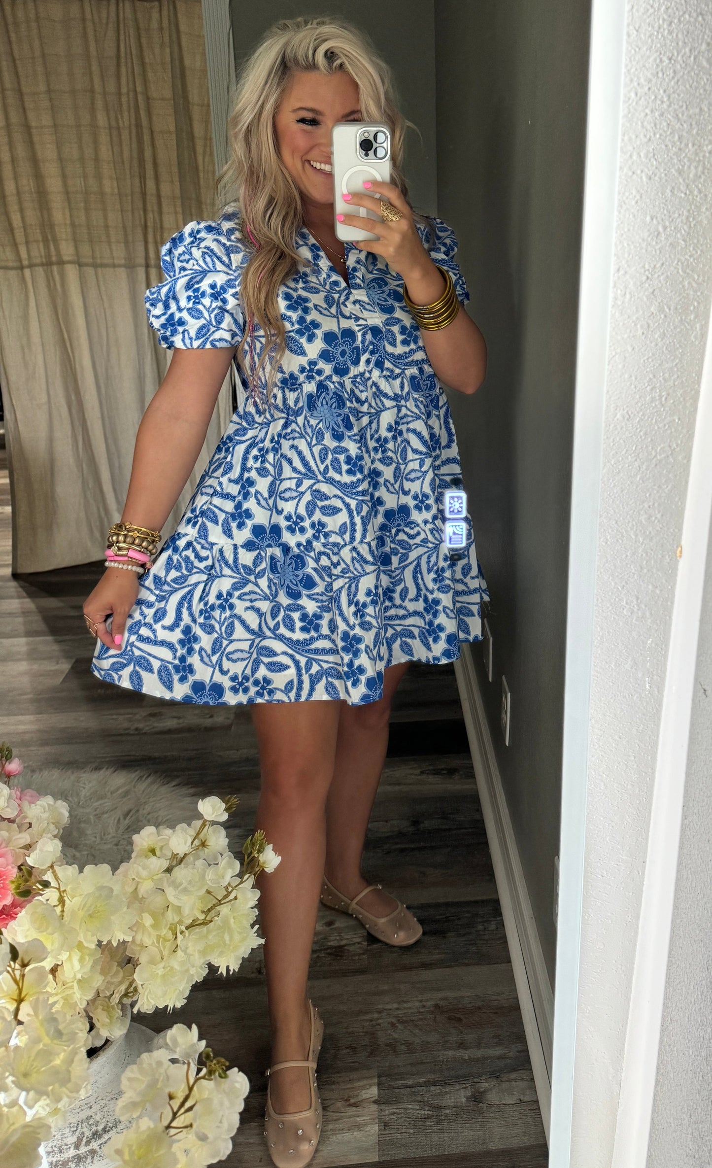 Flower Print Dress [Blue & White]