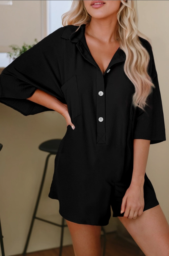 Half Button Collared Loose Romper [Black]