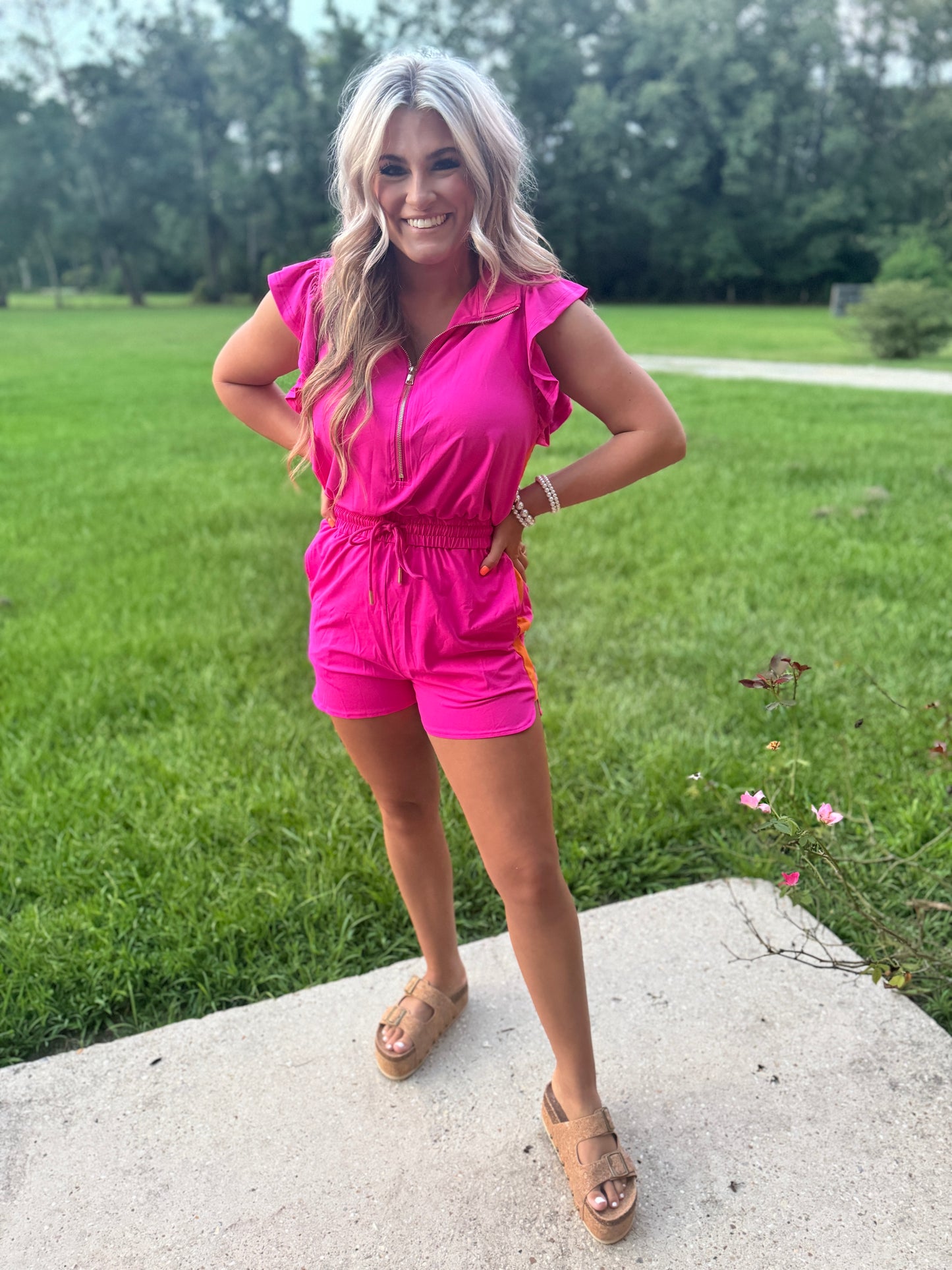 Ruffle Sleeve Romper [Fuchsia w/Orange]