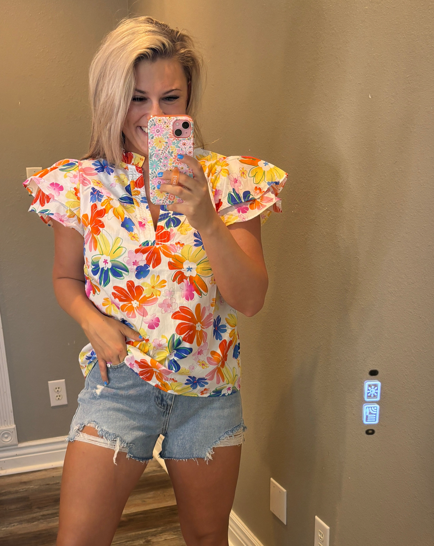 Flower Puff Sleeve Top [Yellow/Orange/Blue]