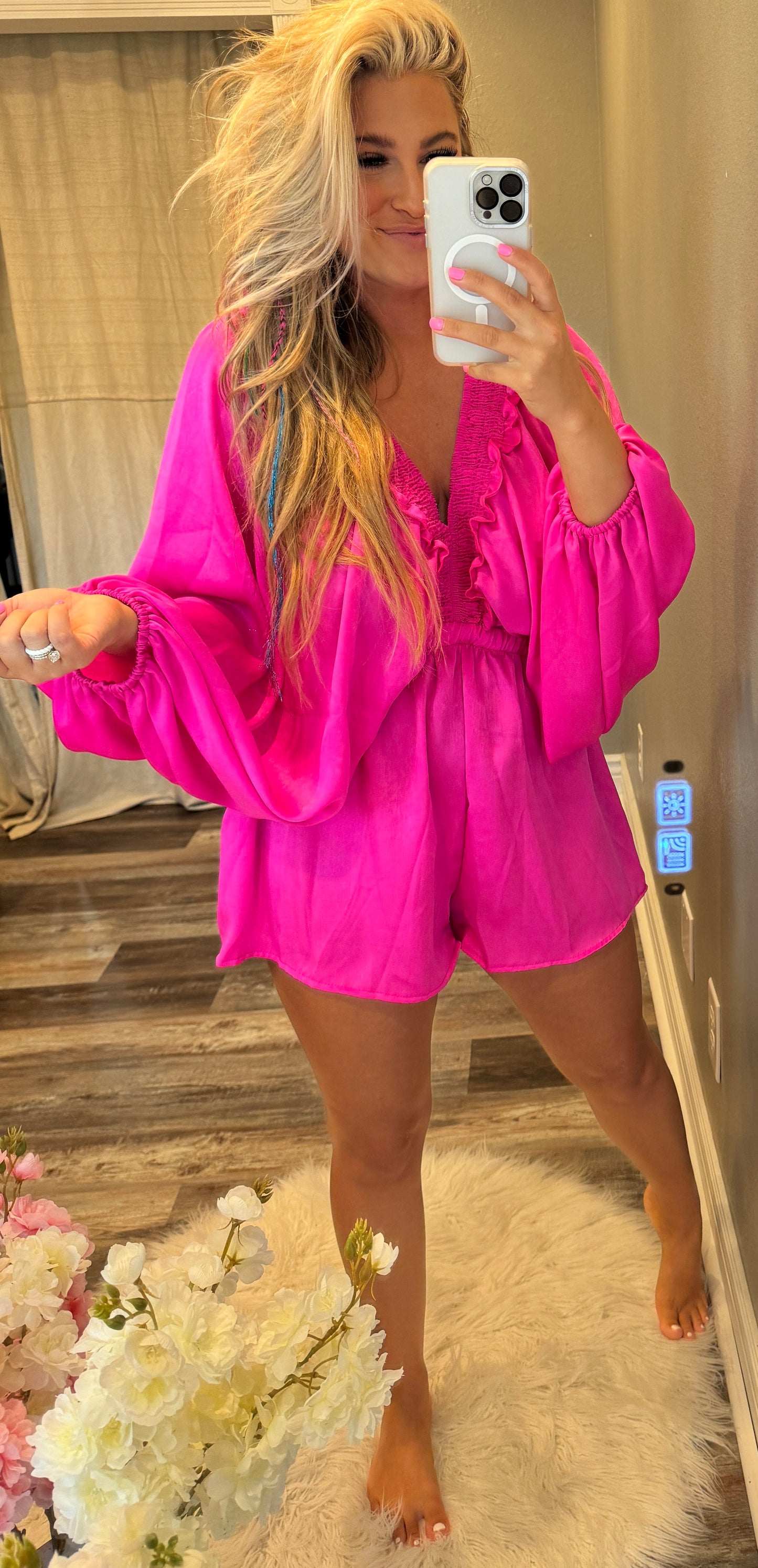 Ruffled Satin Romper [Hot Pink]