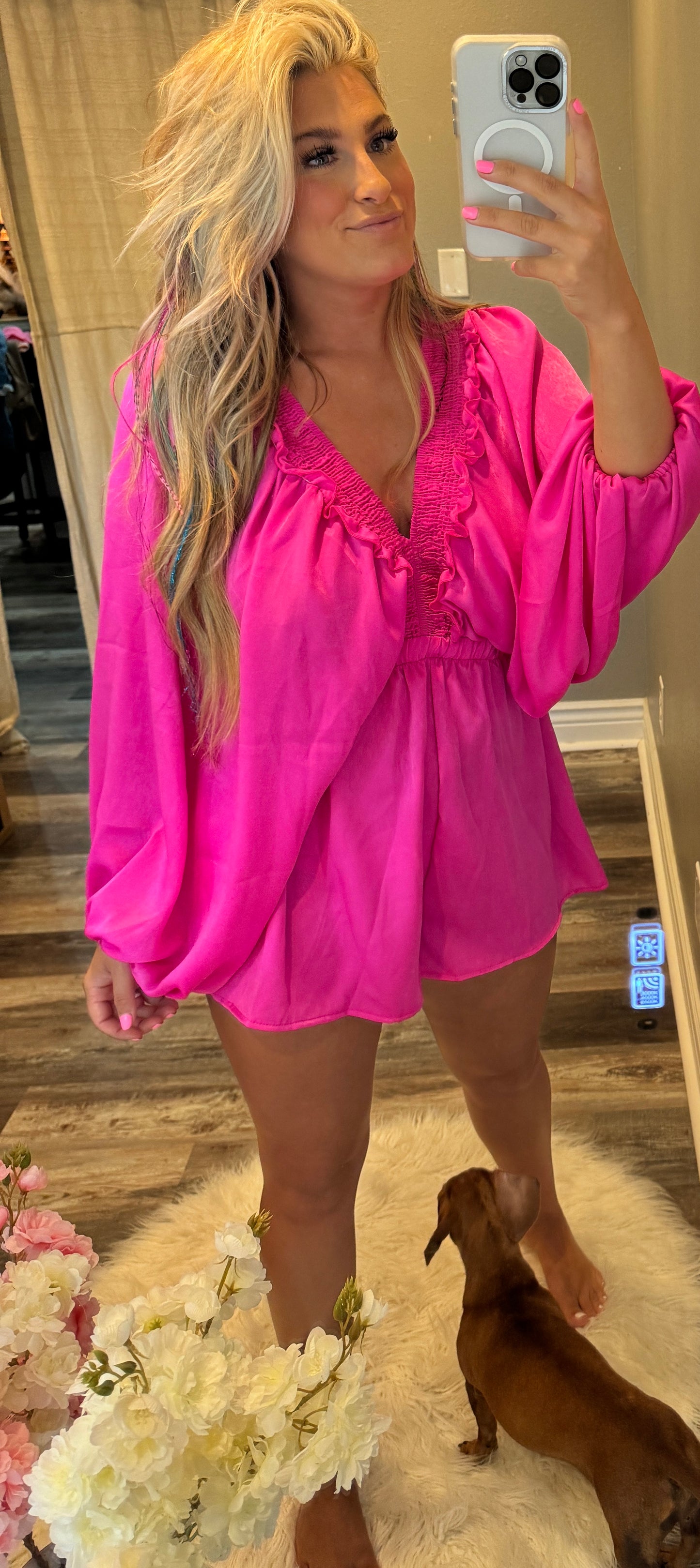 Ruffled Satin Romper [Hot Pink]