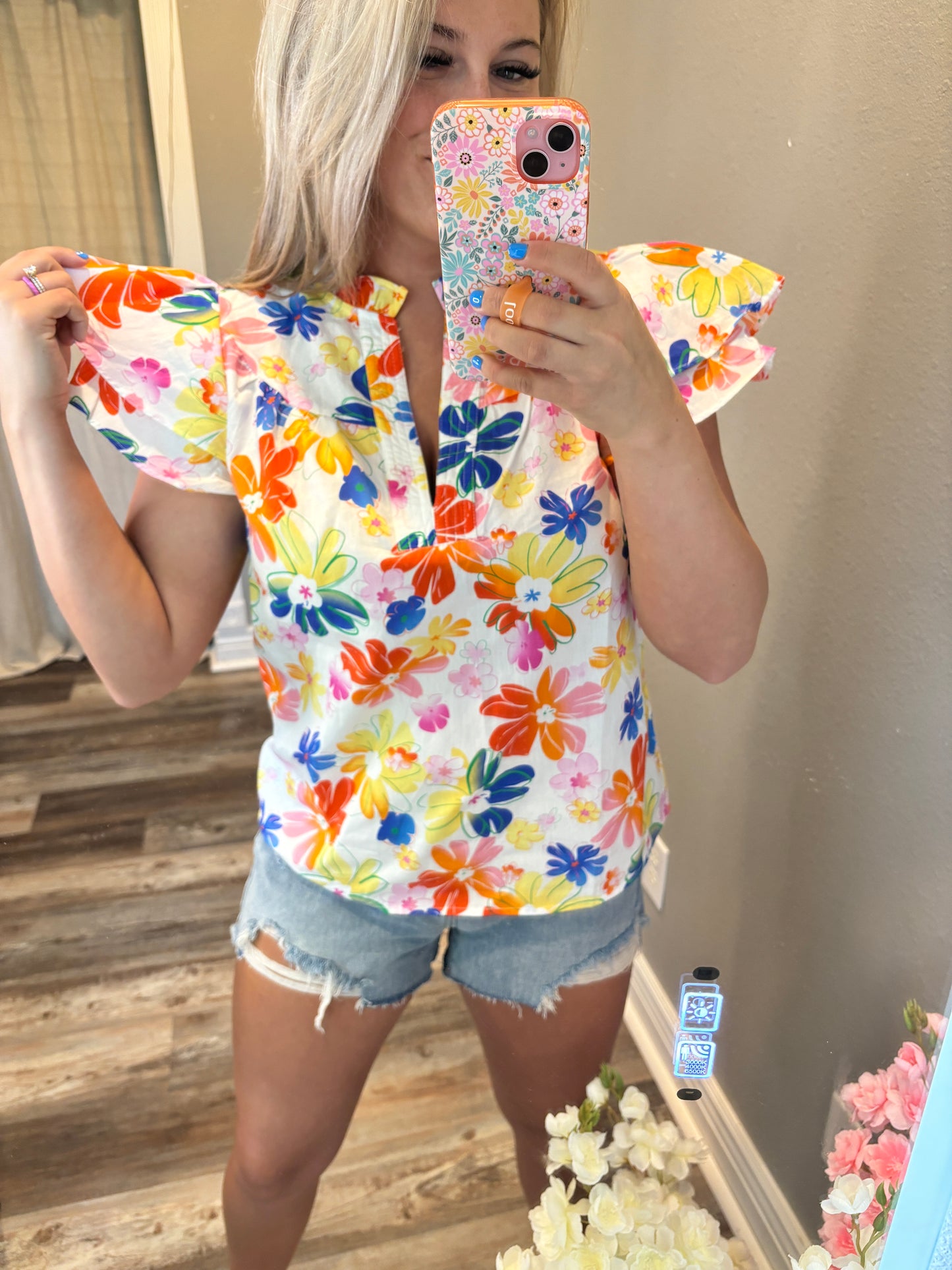 Flower Puff Sleeve Top [Yellow/Orange/Blue]