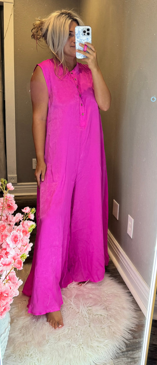 Wide Leg Smocked Jumpsuit [Fuchsia]