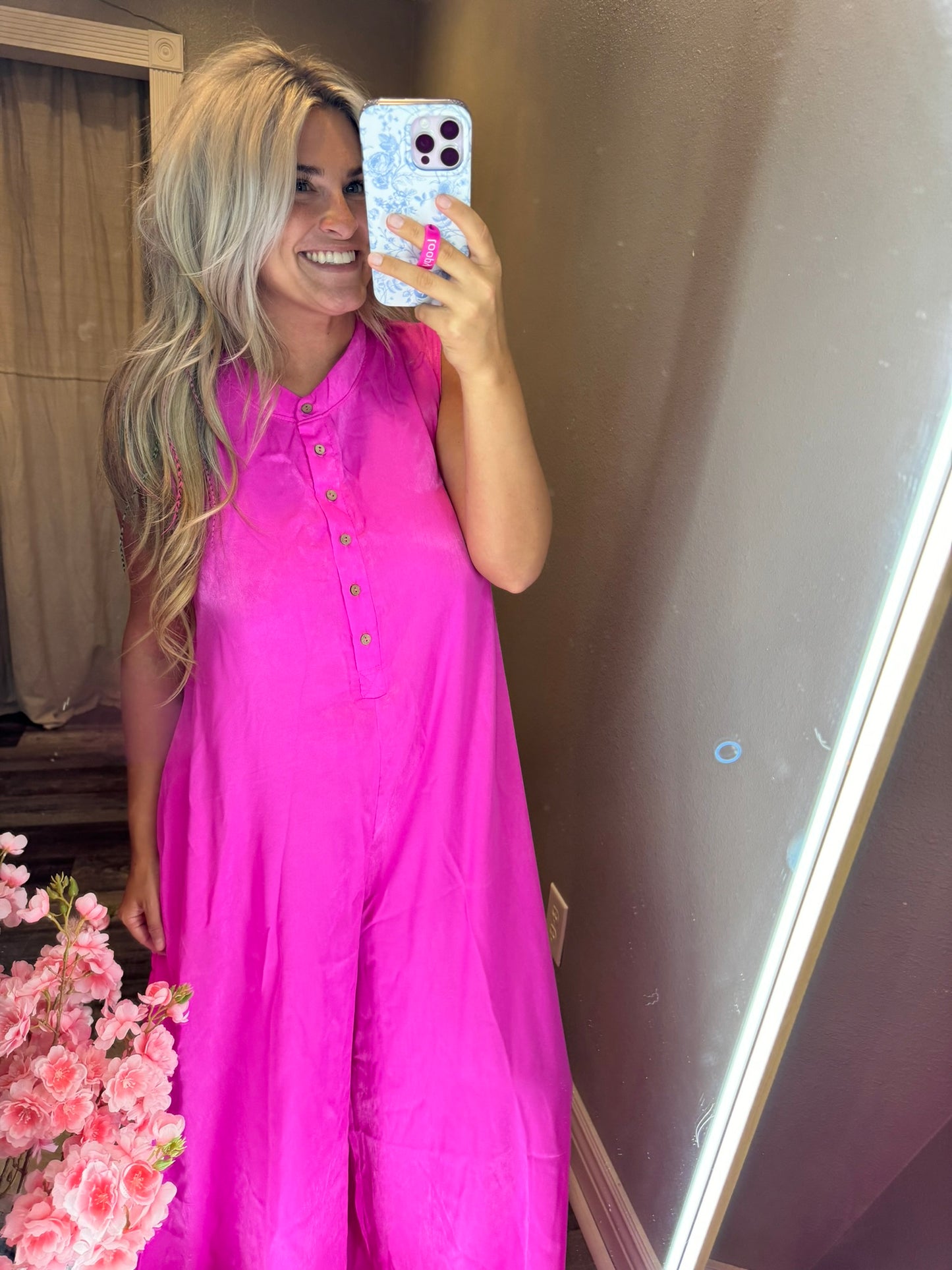 Wide Leg Smocked Jumpsuit [Fuchsia]