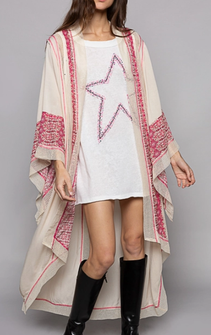 Long Open Kimono [Natural W/ Pink]