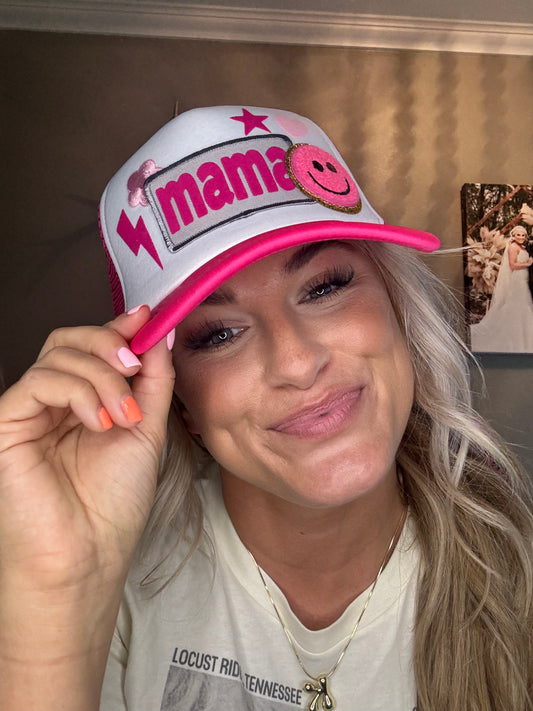 Mama Patch Trucker Hat [White & Hot Pink]