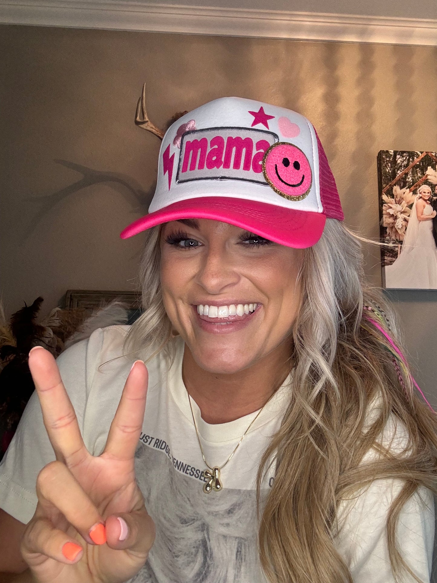 Mama Patch Trucker Hat [White & Hot Pink]