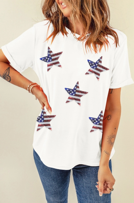 Sequined American Flag Star Tee [White]