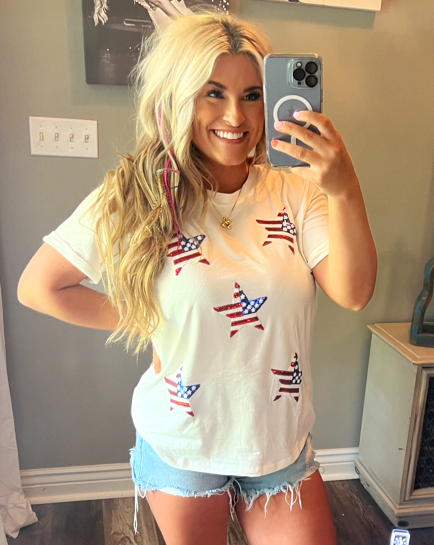 Sequined American Flag Star Tee [White]