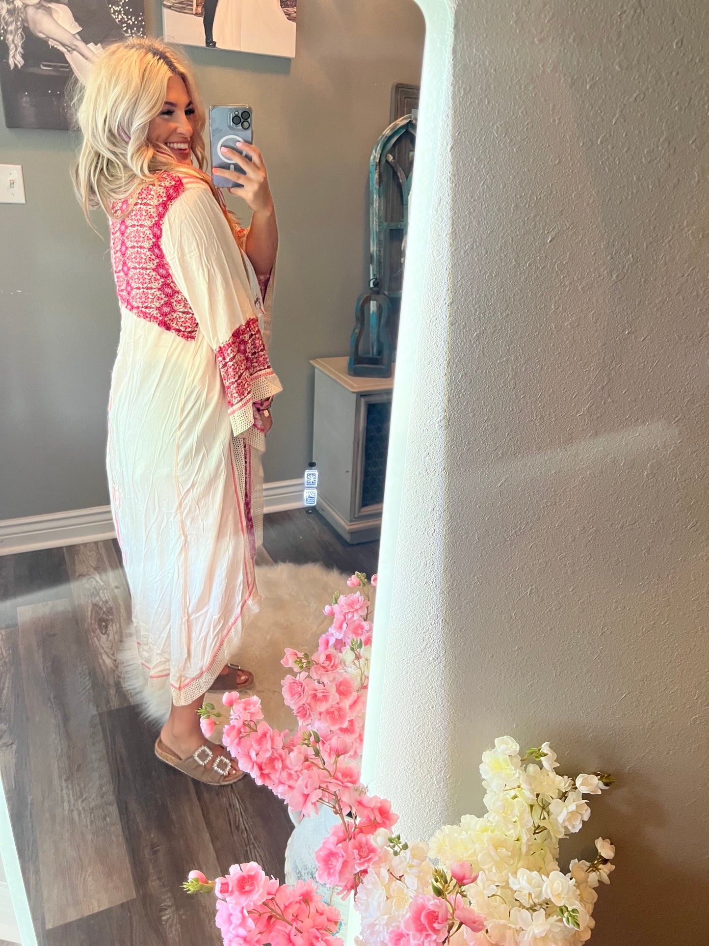 Long Open Kimono [Natural W/ Pink]